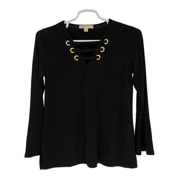 Michael Kors Black Stretch Pullover V Top Blouse Bell Sleeves Crisscross M - Picture 2 of 9